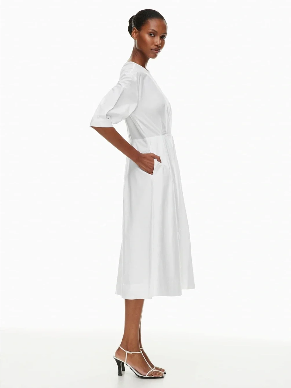Aritzia Babaton Brighton Poplin White Midi Dress with 3/4 Sleeves XS Fit & Flare - Picture 3 of 15